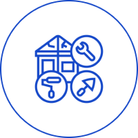 Blue icon showing a house with globe symbols inside a circle.