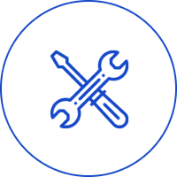 Blue icon with crossed wrench and screwdriver inside a circle.