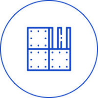 Blue icon depicting a blueprint or floor plan with measurement marks.