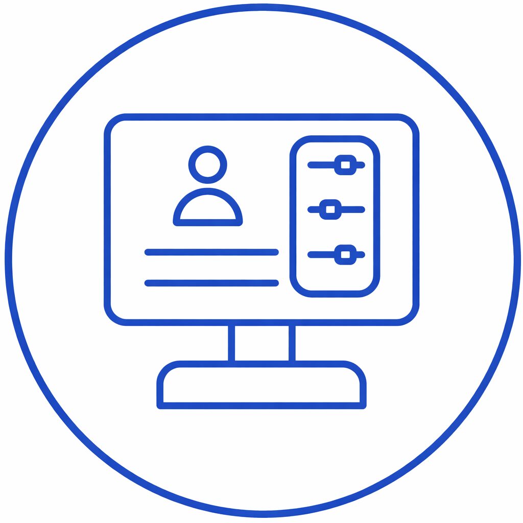 Icon of a computer screen displaying a user profile with settings sliders.