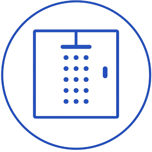 Icon of a showerhead inside a circular border.